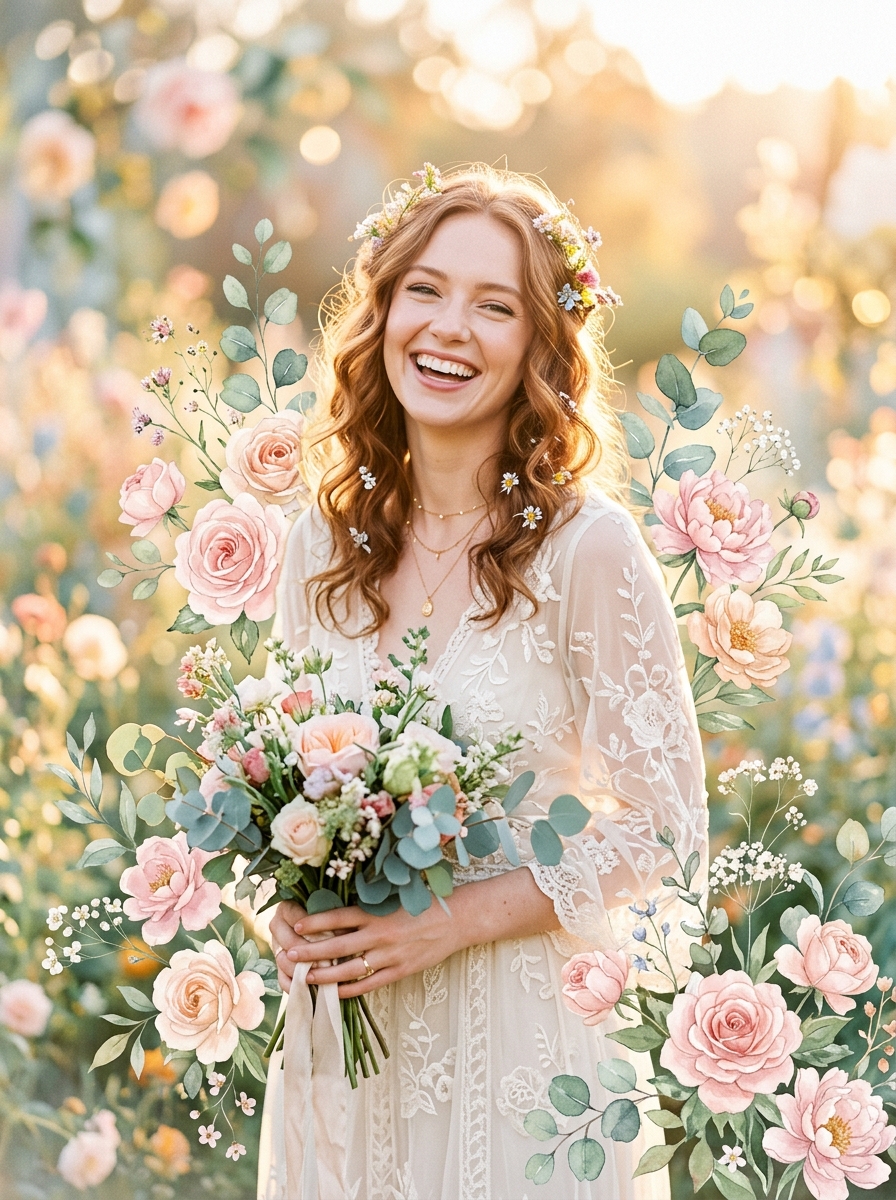 Romantic Botanical Watercolor Portrait with event branding overlay