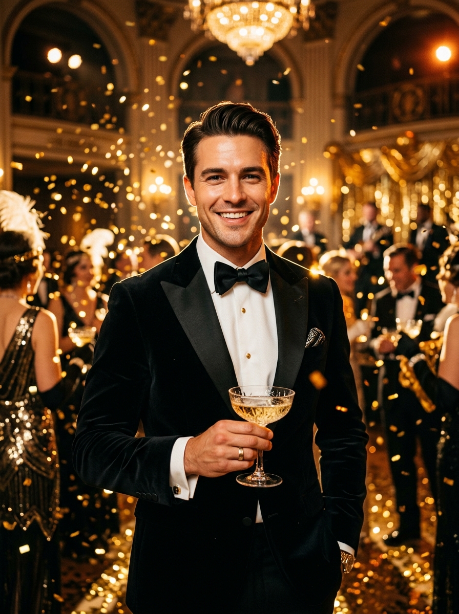 Luxury 1920s Gatsby Black Tie Portrait with event branding overlay