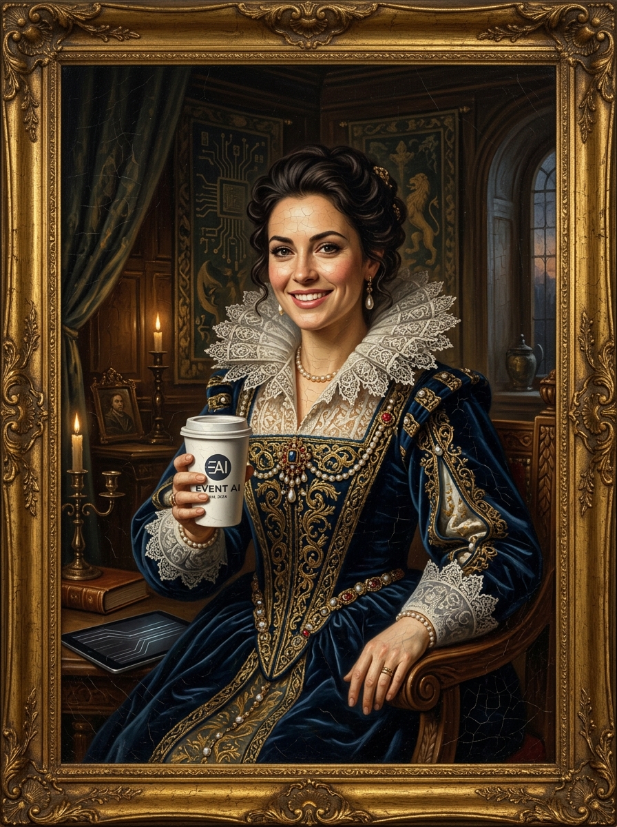 Renaissance Oil Painting Portrait with event branding overlay