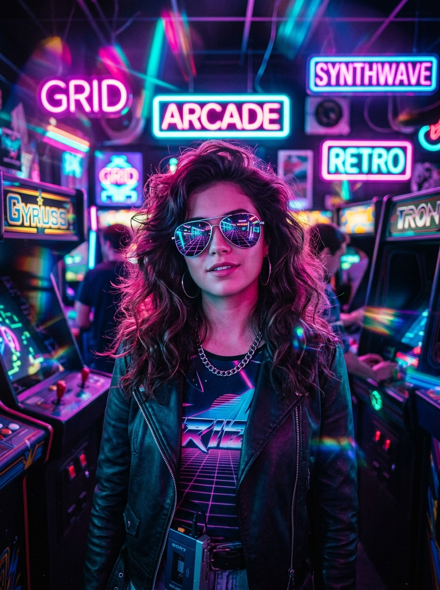 Retro 80s Synthwave Arcade Portrait with event branding overlay